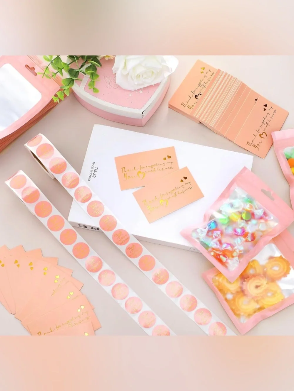 570 Thank you Stickers + Cards + Gift Bags Mail Package Set Pink & Gold